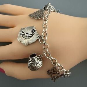 Southwestern Charm Bracelet 925 Sterling Silver Kokopelli & Other Unusual Charms